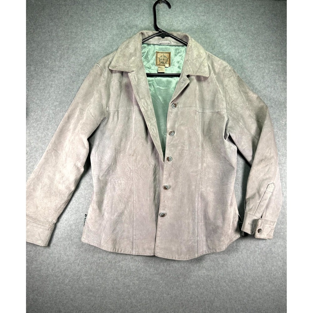 Vintage AMI Shirt Jacket Womens Large Beige Leather Lined Button Front Side Slit